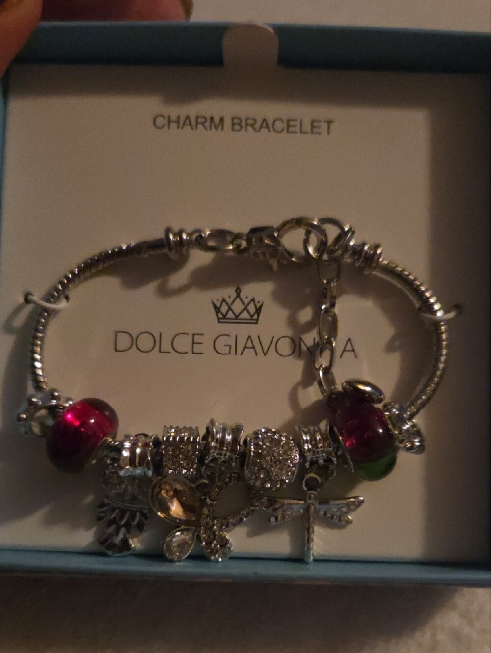 DOLCE GIAVONNA Silver Bracelet w/ an Owl, Butterfly, & a Dragonfly Charm NEW